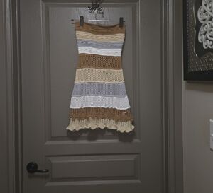 White and Tan Ruffled Strapless Sundress